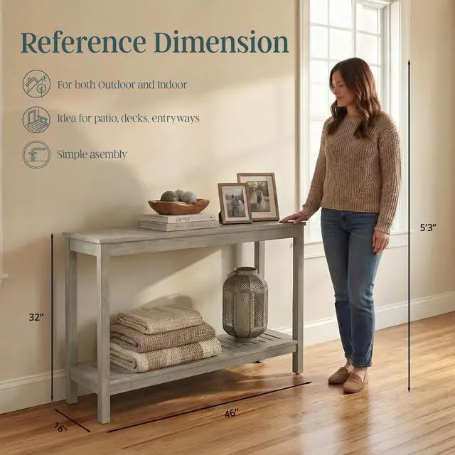 Alt view image 3 of 6 - Outdoor Living Eucalyptus Wood Console Table, Two-Shelf Outdoor Buffet, Driftwood Gray Weather-Resistant Finish