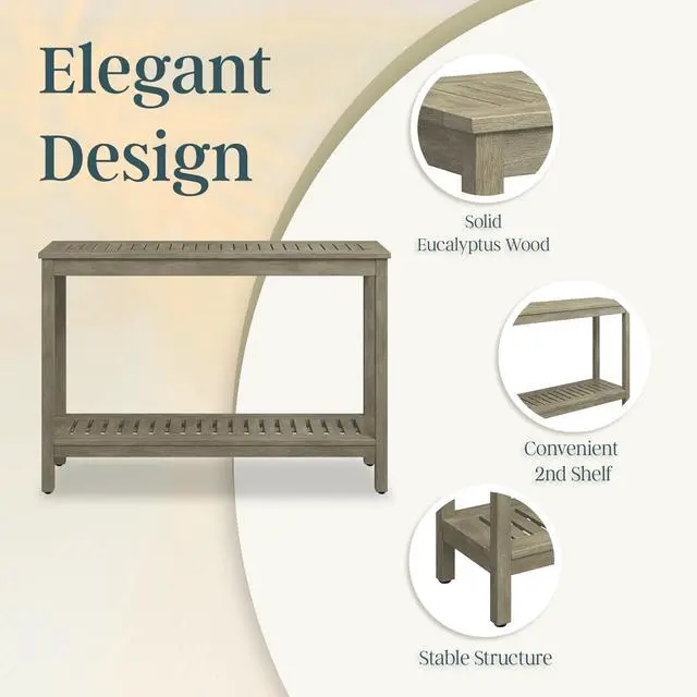Alt view image 6 of 6 - Outdoor Living Eucalyptus Wood Console Table, Two-Shelf Outdoor Buffet, Driftwood Gray Weather-Resistant Finish
