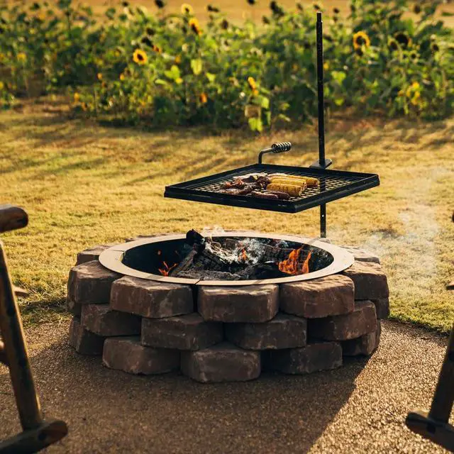 Alt view image 2 of 6 - Ash & Ember Adjustable Swivel Grill, Steel Mesh Wire Cooking Grate with Spike Pole, Open Fire Portable BBQ Camping Gear
