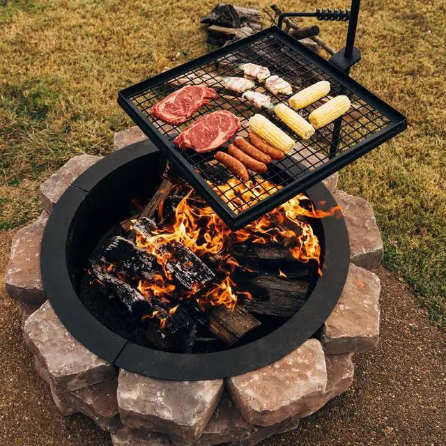 Alt view image 3 of 6 - Ash & Ember Adjustable Swivel Grill, Steel Mesh Wire Cooking Grate with Spike Pole, Open Fire Portable BBQ Camping Gear