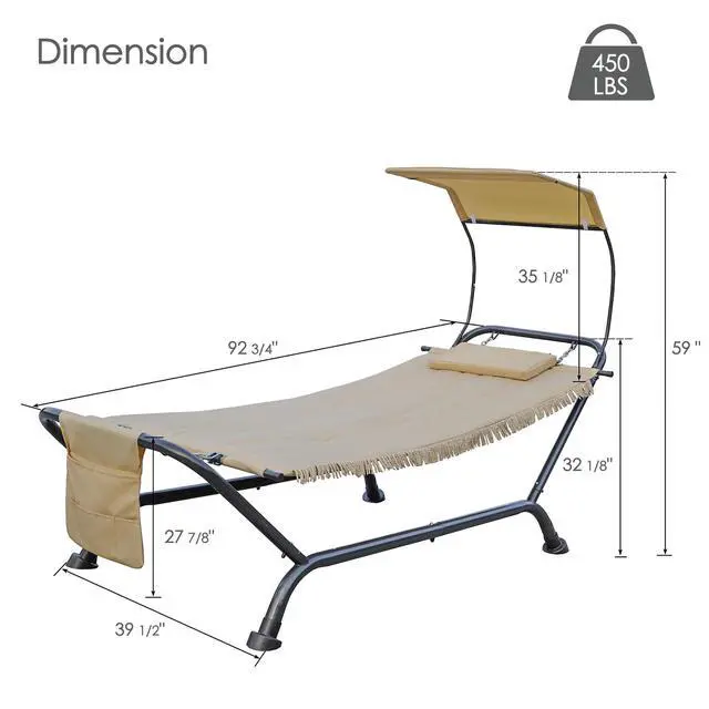 Alt view image 2 of 6 - Ailsa Patio Hammock with Stand and Canopy, Outdoor Hammock Lounger Bed with Pillow, Storage Pocket and Thick Padded Cushion, Steel Frame Sun Lounger for Poolside, Backyard, Porch, Garden