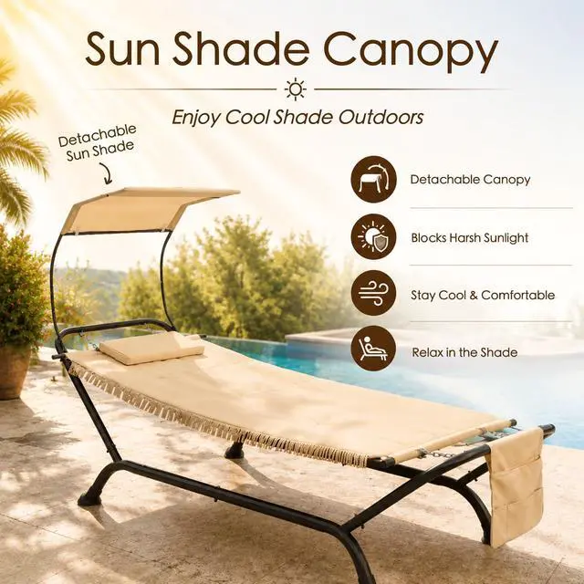 Alt view image 3 of 6 - Ailsa Patio Hammock with Stand and Canopy, Outdoor Hammock Lounger Bed with Pillow, Storage Pocket and Thick Padded Cushion, Steel Frame Sun Lounger for Poolside, Backyard, Porch, Garden