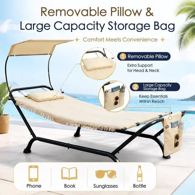 Alt view image 5 of 6 - Ailsa Patio Hammock with Stand and Canopy, Outdoor Hammock Lounger Bed with Pillow, Storage Pocket and Thick Padded Cushion, Steel Frame Sun Lounger for Poolside, Backyard, Porch, Garden