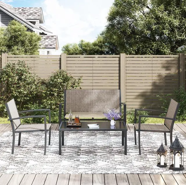 Alt view image 2 of 6 - 4 Pieces Patio Furniture Set, Outdoor Conversation Sets for Patio, Lawn, Garden, Poolside with A Glass Coffee Table, Brown
