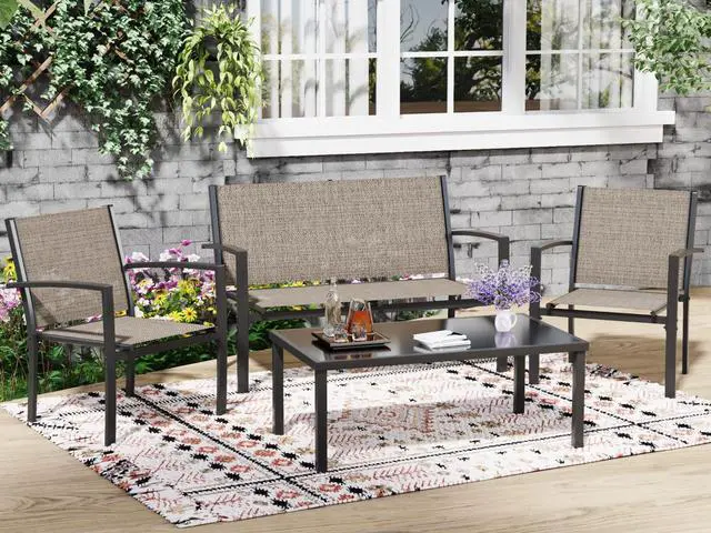 Alt view image 3 of 6 - 4 Pieces Patio Furniture Set, Outdoor Conversation Sets for Patio, Lawn, Garden, Poolside with A Glass Coffee Table, Brown