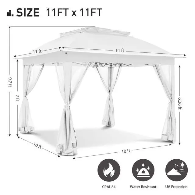 Alt view image 3 of 6 - 11'x11' Pop Up Gazebo for Patios Gazebo Canopy Tent with Sidewalls Outdoor Gazebo with Mosquito Netting Pop Up Canopy Shelter Wedding Tent (White)