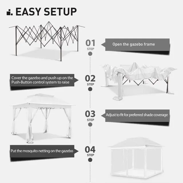 Alt view image 4 of 6 - 11'x11' Pop Up Gazebo for Patios Gazebo Canopy Tent with Sidewalls Outdoor Gazebo with Mosquito Netting Pop Up Canopy Shelter Wedding Tent (White)