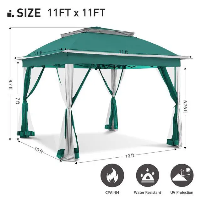 Alt view image 4 of 6 - Pop Up Canopy Tent - 11'x11' Green Gazebo with Mosquito Netting