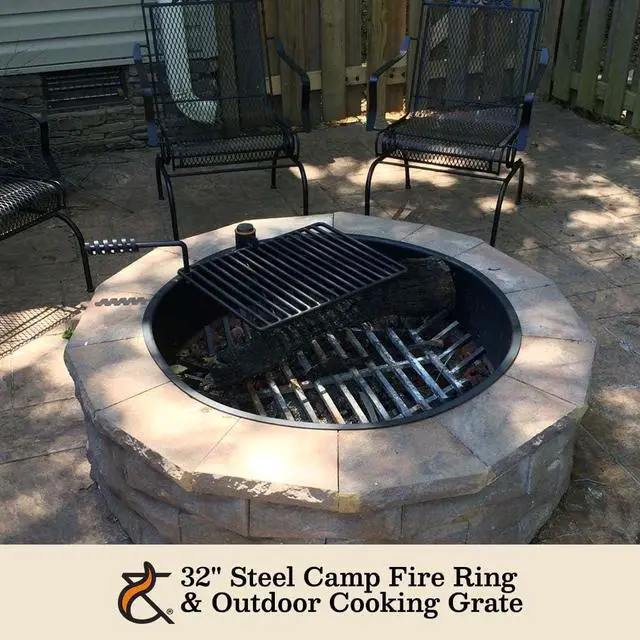 Alt view image 2 of 5 - Ash & Ember 32" Steel Fire Pit Ring with Cooking Grate, 15.5" x 19.5" Swivel Grate with Spring Handle, Steel Fire Ring & Campfire Grill Combo for Outdoor Cooking, Durable High-Temp Finish