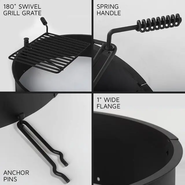 Alt view image 3 of 5 - Ash & Ember 32" Steel Fire Pit Ring with Cooking Grate, 15.5" x 19.5" Swivel Grate with Spring Handle, Steel Fire Ring & Campfire Grill Combo for Outdoor Cooking, Durable High-Temp Finish