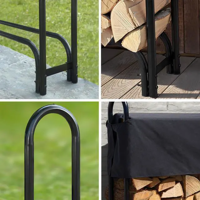 Alt view image 5 of 6 - 8' Adjustable Heavy Duty Outdoor Firewood Rack with Steel Frame Construction and Water-Resistant Cover