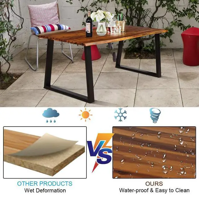 Alt view image 4 of 6 - Rectangular Acacia Wood Dining Table Rustic Indoor & Outdoor Furniture (Rustic Brown&Black)