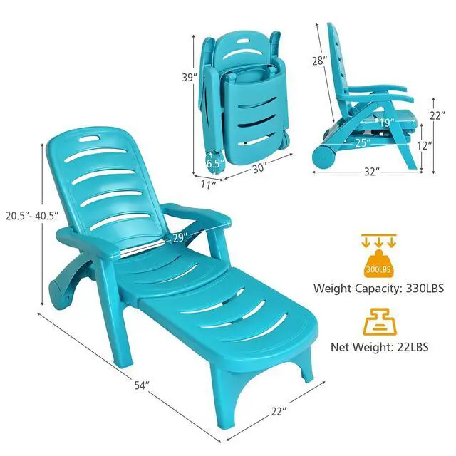 Alt view image 2 of 6 - Patio Chaise Lounge Recliner on Wheels, Folding Deck Chair with Armrests, 5 Adjustable Positions for Poolside, Yard, Garden Rolling Outdoor Lounger Sunbathing Beach Chair(1, Turquoise)