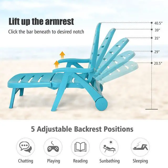 Alt view image 5 of 6 - Patio Chaise Lounge Recliner on Wheels, Folding Deck Chair with Armrests, 5 Adjustable Positions for Poolside, Yard, Garden Rolling Outdoor Lounger Sunbathing Beach Chair(1, Turquoise)