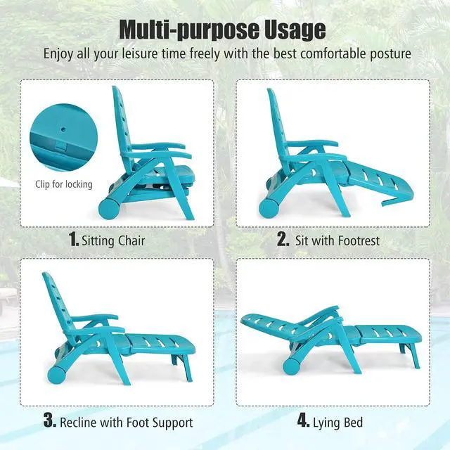 Alt view image 6 of 6 - Patio Chaise Lounge Recliner on Wheels, Folding Deck Chair with Armrests, 5 Adjustable Positions for Poolside, Yard, Garden Rolling Outdoor Lounger Sunbathing Beach Chair(1, Turquoise)