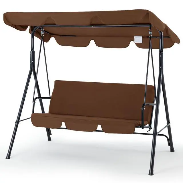 Alt view image 2 of 6 - 3-Seat Outdoor Clearance Porch Swings for Adults, Outdoor Patio Swing with Adjustable Canopy for Garden, Poolside&Backyard, Brown