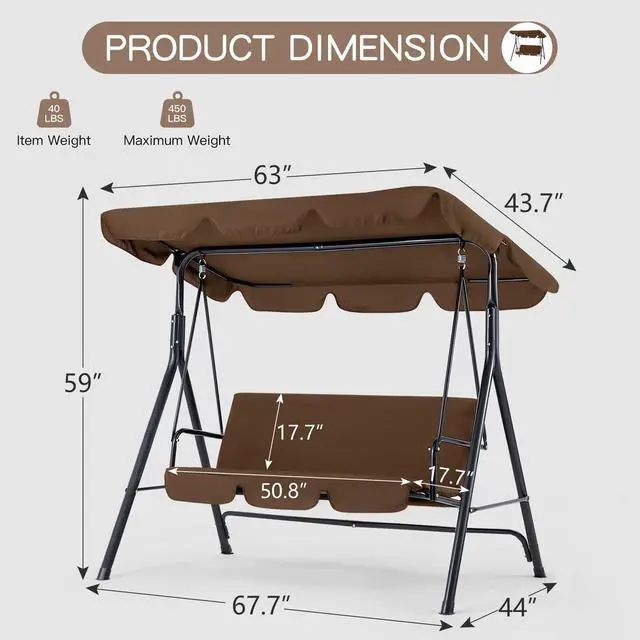 Alt view image 3 of 6 - 3-Seat Outdoor Clearance Porch Swings for Adults, Outdoor Patio Swing with Adjustable Canopy for Garden, Poolside&Backyard, Brown