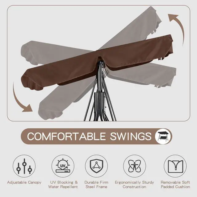 Alt view image 4 of 6 - 3-Seat Outdoor Clearance Porch Swings for Adults, Outdoor Patio Swing with Adjustable Canopy for Garden, Poolside&Backyard, Brown