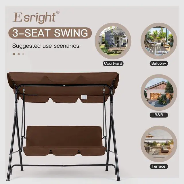 Alt view image 6 of 6 - 3-Seat Outdoor Clearance Porch Swings for Adults, Outdoor Patio Swing with Adjustable Canopy for Garden, Poolside&Backyard, Brown