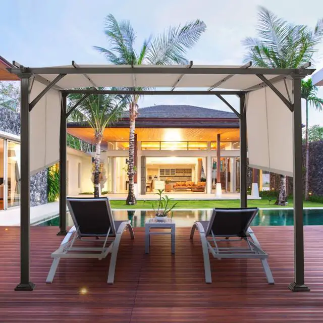 Main image of 10x10FT Outdoor Patio Shade Structure, Steel Pergola with Retractable Canopy Shades, Rustproof Metal for Patio, Backyard, Garden (Beige)