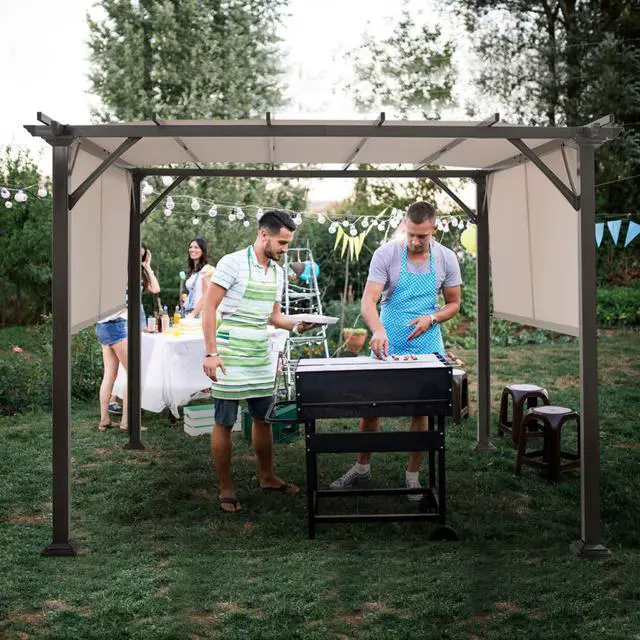 Alt view image 2 of 6 - 10x10FT Outdoor Patio Shade Structure, Steel Pergola with Retractable Canopy Shades, Rustproof Metal for Patio, Backyard, Garden (Beige)