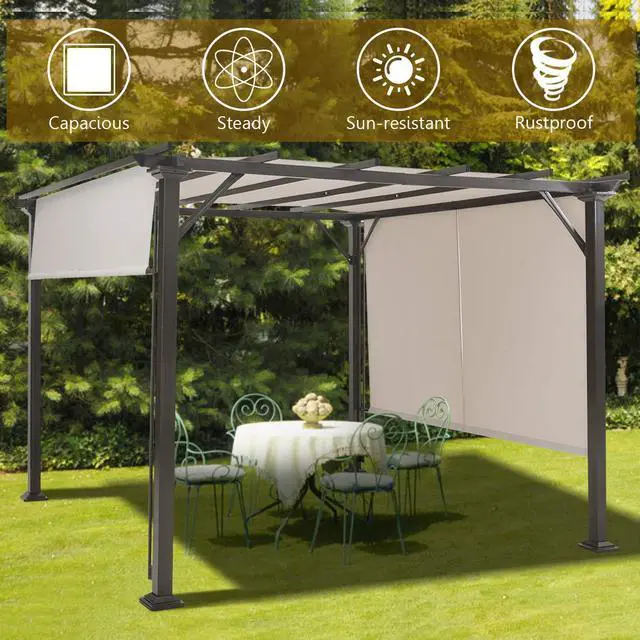 Alt view image 4 of 6 - 10x10FT Outdoor Patio Shade Structure, Steel Pergola with Retractable Canopy Shades, Rustproof Metal for Patio, Backyard, Garden (Beige)