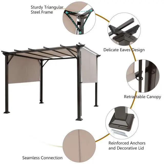 Alt view image 5 of 6 - 10x10FT Outdoor Patio Shade Structure, Steel Pergola with Retractable Canopy Shades, Rustproof Metal for Patio, Backyard, Garden (Beige)