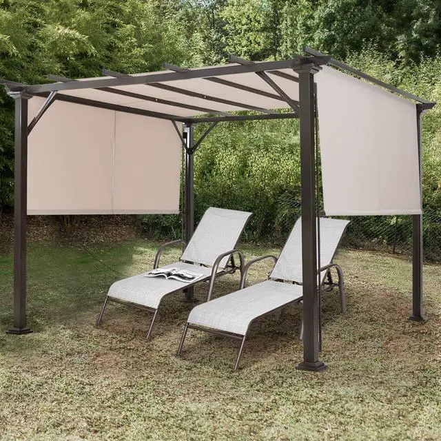 Alt view image 6 of 6 - 10x10FT Outdoor Patio Shade Structure, Steel Pergola with Retractable Canopy Shades, Rustproof Metal for Patio, Backyard, Garden (Beige)