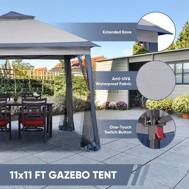 Alt view image 2 of 6 - 11x11 FT Gazebo Tent, Outdoor Tents for Parties with Mosquito Netting, Folding Heavy Duty Height Adjustable Canopy Tent for Patio Backyard Garden (Blue)