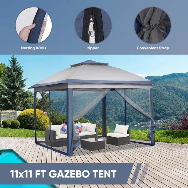 Alt view image 3 of 6 - 11x11 FT Gazebo Tent, Outdoor Tents for Parties with Mosquito Netting, Folding Heavy Duty Height Adjustable Canopy Tent for Patio Backyard Garden (Blue)