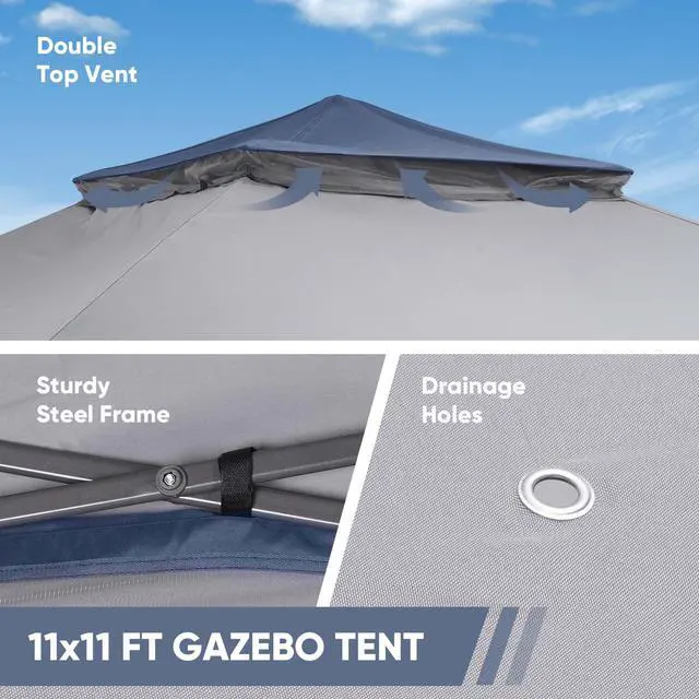 Alt view image 5 of 6 - 11x11 FT Gazebo Tent, Outdoor Tents for Parties with Mosquito Netting, Folding Heavy Duty Height Adjustable Canopy Tent for Patio Backyard Garden (Blue)