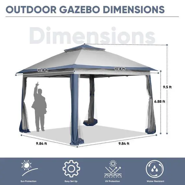 Alt view image 6 of 6 - 11x11 FT Gazebo Tent, Outdoor Tents for Parties with Mosquito Netting, Folding Heavy Duty Height Adjustable Canopy Tent for Patio Backyard Garden (Blue)