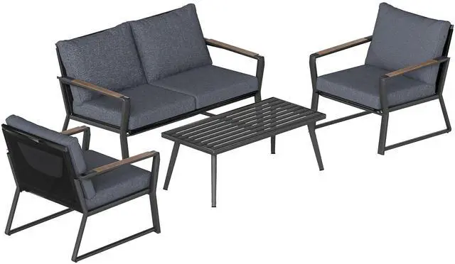 Main image of 4 Piece Patio Furniture Set, Aluminum Conversation Set, Outdoor Garden Sofa Set with Armchairs, Loveseat, Center Coffee Table and Cushions, Dark Grey