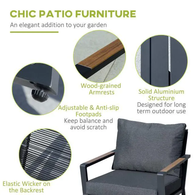 Alt view image 3 of 6 - 4 Piece Patio Furniture Set, Aluminum Conversation Set, Outdoor Garden Sofa Set with Armchairs, Loveseat, Center Coffee Table and Cushions, Dark Grey