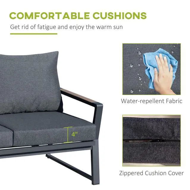 Alt view image 4 of 6 - 4 Piece Patio Furniture Set, Aluminum Conversation Set, Outdoor Garden Sofa Set with Armchairs, Loveseat, Center Coffee Table and Cushions, Dark Grey