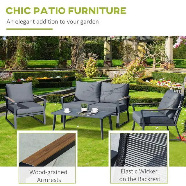 Alt view image 5 of 6 - 4 Piece Patio Furniture Set, Aluminum Conversation Set, Outdoor Garden Sofa Set with Armchairs, Loveseat, Center Coffee Table and Cushions, Dark Grey