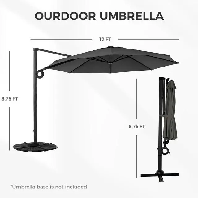 Alt view image 2 of 6 - 12 FT Patio Umbrella, Outdoor Large Round Cantilever Umbrella with 360° Rotation, Aluminum Offset Umbrella for Patio Garden Deck Pool, Dark Gray