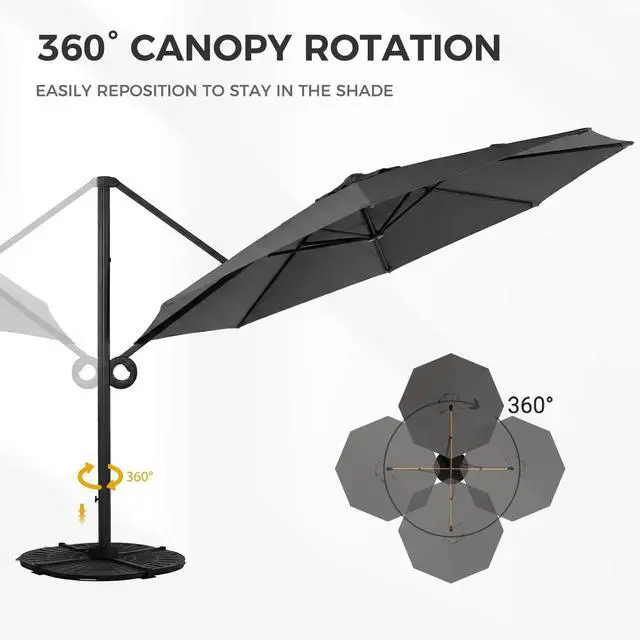Alt view image 3 of 6 - 12 FT Patio Umbrella, Outdoor Large Round Cantilever Umbrella with 360° Rotation, Aluminum Offset Umbrella for Patio Garden Deck Pool, Dark Gray