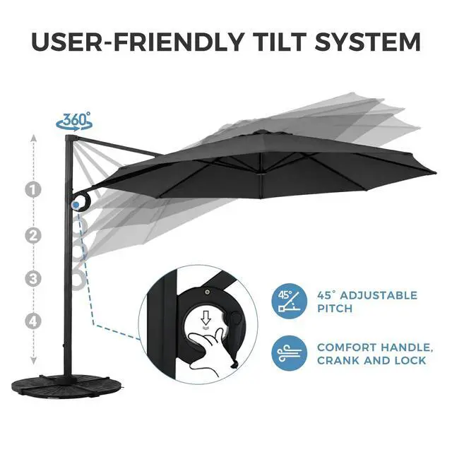 Alt view image 4 of 6 - 12 FT Patio Umbrella, Outdoor Large Round Cantilever Umbrella with 360° Rotation, Aluminum Offset Umbrella for Patio Garden Deck Pool, Dark Gray