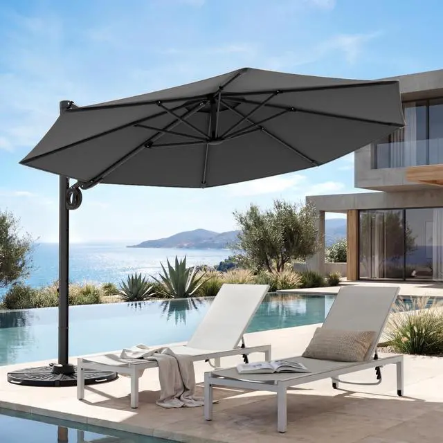 Alt view image 6 of 6 - 12 FT Patio Umbrella, Outdoor Large Round Cantilever Umbrella with 360° Rotation, Aluminum Offset Umbrella for Patio Garden Deck Pool, Dark Gray
