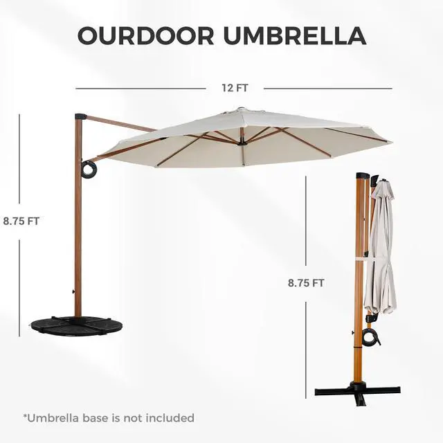 Alt view image 2 of 6 - 12 FT Patio Umbrella, Outdoor Cantilever Round Umbrella with 360° Rotation, Aluminum Offset Umbrella for Patio Garden Deck Pool, Beige