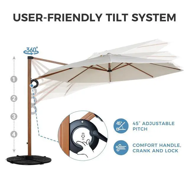 Alt view image 4 of 6 - 12 FT Patio Umbrella, Outdoor Cantilever Round Umbrella with 360° Rotation, Aluminum Offset Umbrella for Patio Garden Deck Pool, Beige