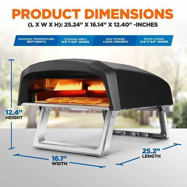 Alt view image 2 of 6 - Portable Outdoor Gas Pizza Oven - Includes Foldable Feet, Adjustable Heat Control Dial, Burner, Stone & Regulator Hose - Cooks 12" Pizza in 60 Seconds - 25.24'' x 16.14'' x 12.40'' IN