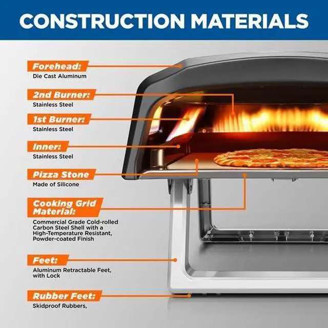 Alt view image 4 of 6 - Portable Outdoor Gas Pizza Oven - Includes Foldable Feet, Adjustable Heat Control Dial, Burner, Stone & Regulator Hose - Cooks 12" Pizza in 60 Seconds - 25.24'' x 16.14'' x 12.40'' IN