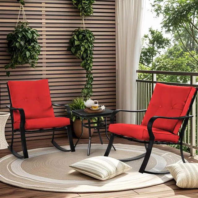 Main image of 3 Piece Patio Bistro Set Outdoor Rocking Chairs Set, Porch Patio Conversation Chairs Set of 2 with Glass-Top Coffee Table (Red Thickened Cushion)