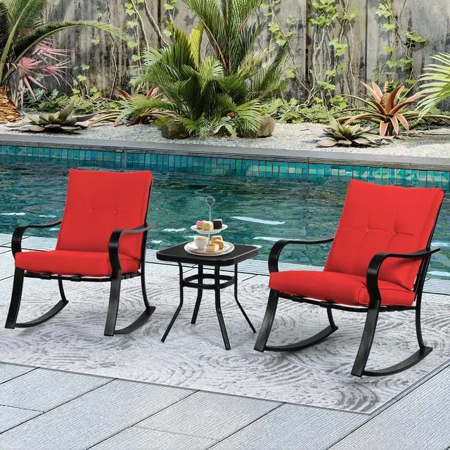 Alt view image 2 of 6 - 3 Piece Patio Bistro Set Outdoor Rocking Chairs Set, Porch Patio Conversation Chairs Set of 2 with Glass-Top Coffee Table (Red Thickened Cushion)