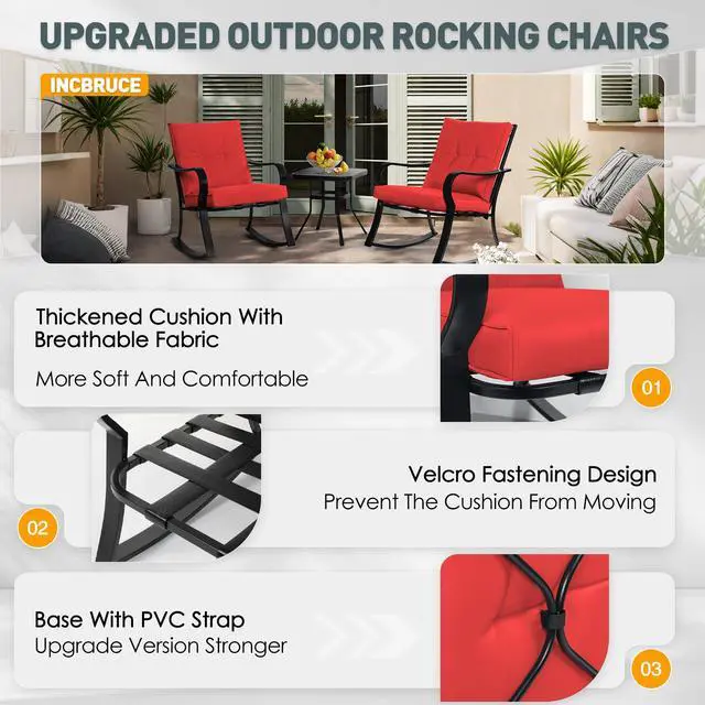 Alt view image 3 of 6 - 3 Piece Patio Bistro Set Outdoor Rocking Chairs Set, Porch Patio Conversation Chairs Set of 2 with Glass-Top Coffee Table (Red Thickened Cushion)