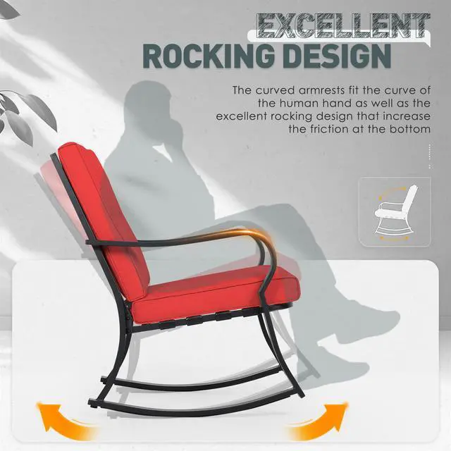 Alt view image 5 of 6 - 3 Piece Patio Bistro Set Outdoor Rocking Chairs Set, Porch Patio Conversation Chairs Set of 2 with Glass-Top Coffee Table (Red Thickened Cushion)