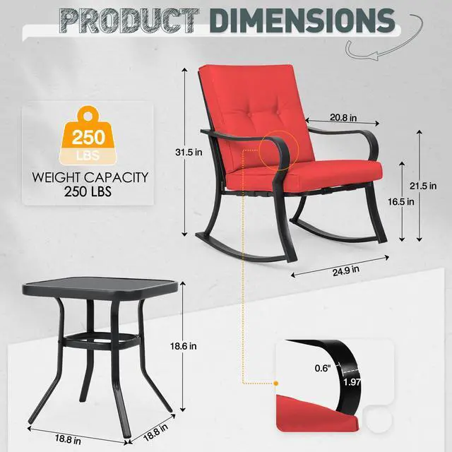 Alt view image 6 of 6 - 3 Piece Patio Bistro Set Outdoor Rocking Chairs Set, Porch Patio Conversation Chairs Set of 2 with Glass-Top Coffee Table (Red Thickened Cushion)