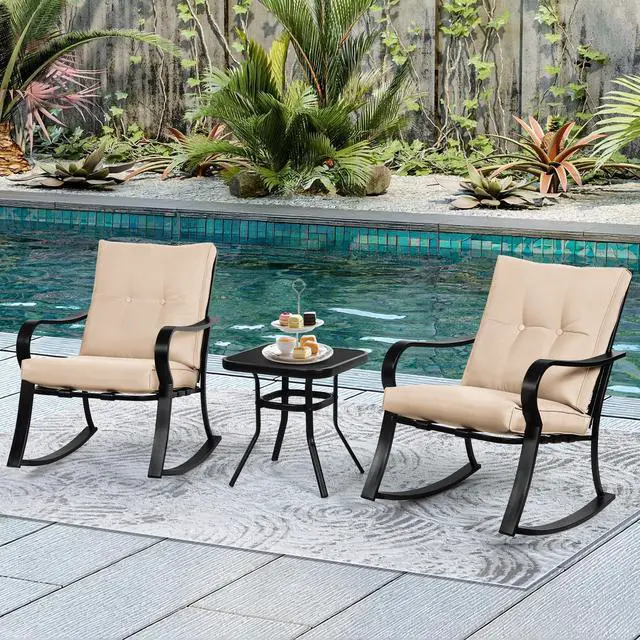 Alt view image 2 of 6 - 3 Piece Patio Bistro Set Outdoor Rocking Chairs Set, Porch Patio Conversation Chairs Set of 2 with Glass-Top Coffee Table (Brown Thickened Cushion)